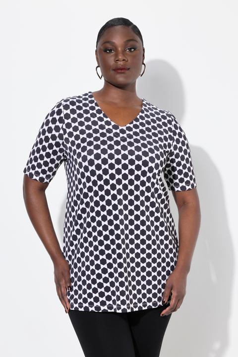 Image du produit Ulla Popken T-shirt en tissu piqué au tombé fluide, col en V et manches courtes, coupe évasée (50, 52)