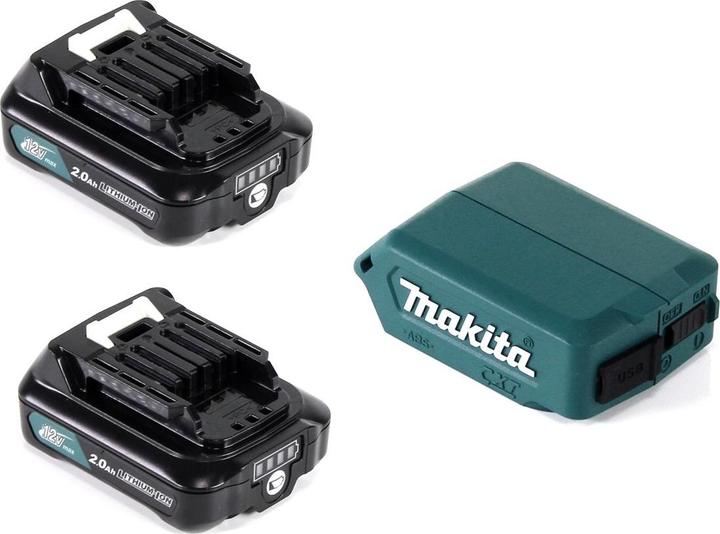 Produktbild Makita DEAADP08 WA USB Adapter für 10,8V-12V Akkus + 2x 2,0 Ah Akku ( 197396-9 ) + Lader ( 197343-0 (12 V)