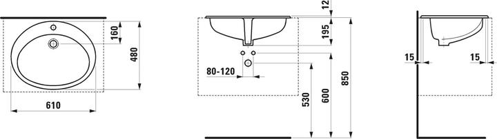 Produktbild Laufen Indova Einbauwaschtisch, von oben, mit Armaturenbank, 1 Hahnloch, mit Überlauf, 610x480mm, H (480 mm, 610 mm)