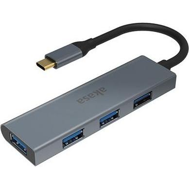 Akasa USB Typ C auf 4x USB Typ A (USB-C, 4 Ports), Dockingstation + USB Hub, Grau