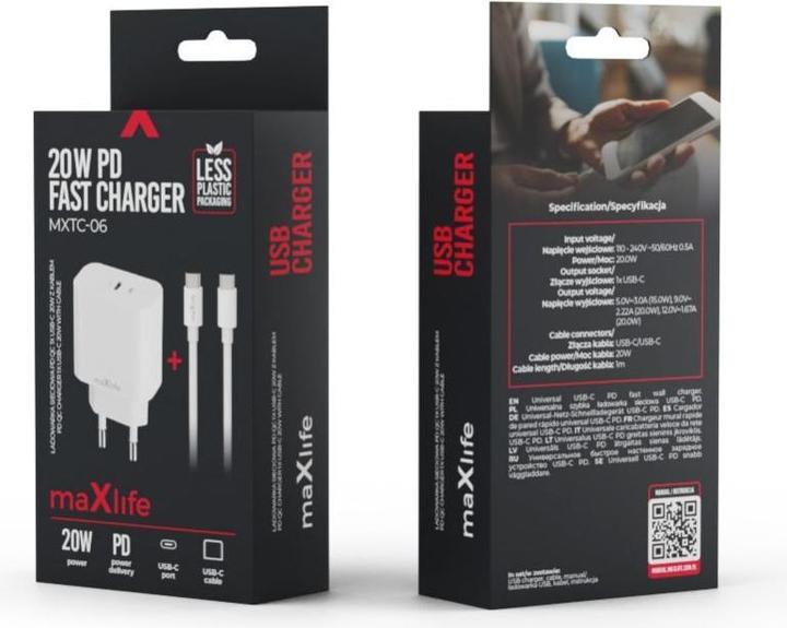 Produktbild Maxlife MXTC-06 PD QC Ladegerät 1x USB-C 20W weiss + USB-C - USB-C Kabel 20W (20 W, 1 Port)