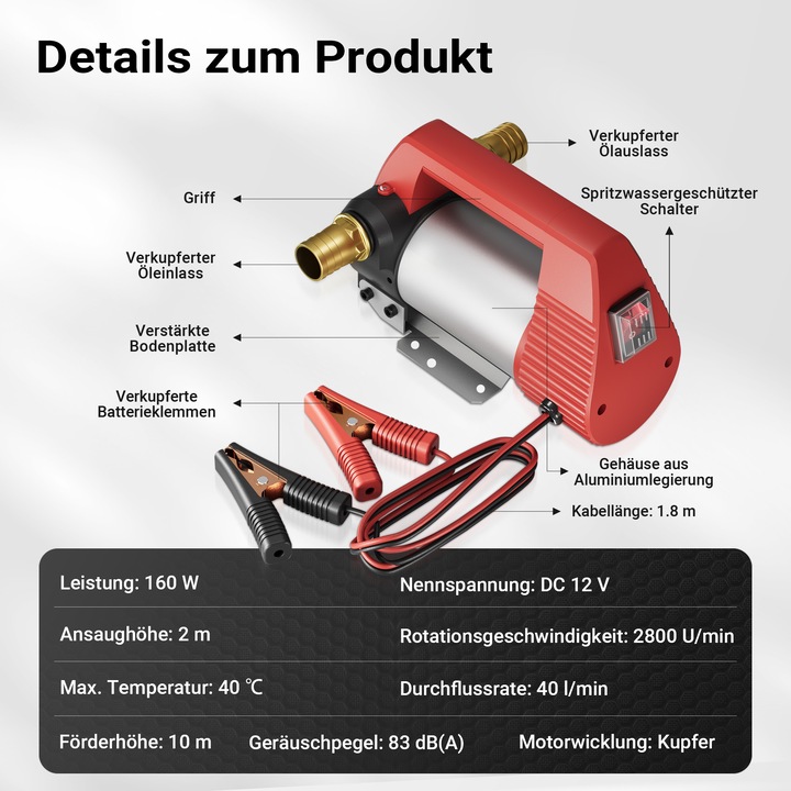 Produktbild Wiltec Bio Dieselpumpe 12V 160W 40l/min Heizölpumpe selbstansaugend Absaugpumpe