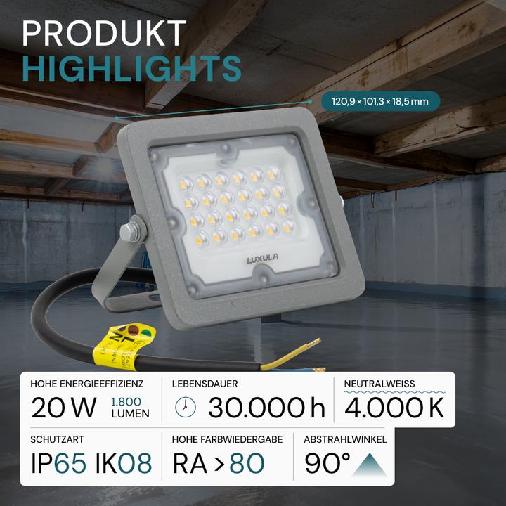 Produktbild Luxula LED-Fluter, EEK: F, 20W, 1800lm, 4000K, IP65, grau (1800 lm, IP65)