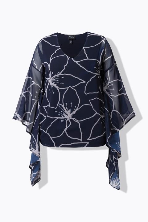 Produktbild Ulla Popken Chiffon-Bluse, Blüten, Oversized, V-Ausschnitt, 3/4-Arm (54)