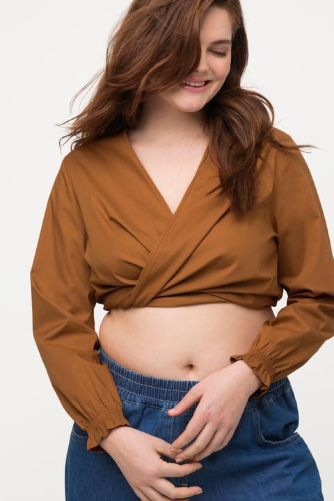 Immagine prodotto Ulla Popken Blusa corta da incrociare in cotone biologico con scollo a V e maniche lunghe (46, 48)