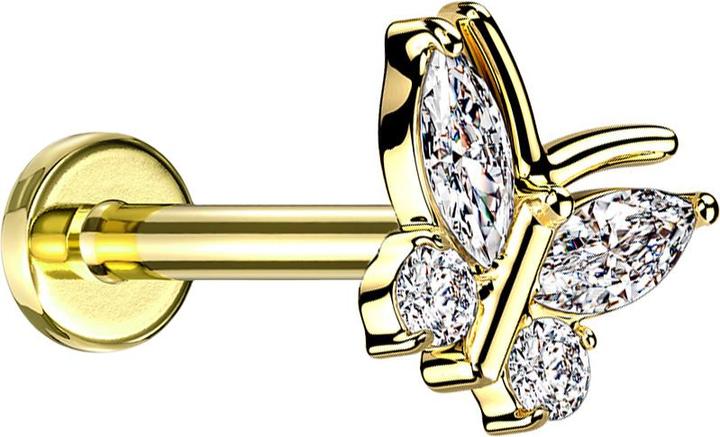 Immagine prodotto Star Piercing Micro Labret filo interno placcato oro farfalla quattro cristalli argento (Ottone, Acciaio chirurgico 316L)