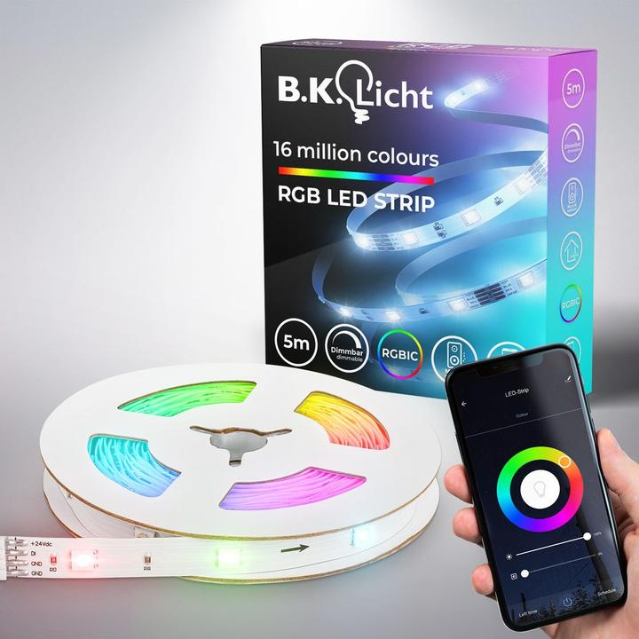 Actual product image B.K.Licht WiFi + Bluetooth Magic RGB-LED Flexband, 5m, incl. music sensor (RGBIC, 4 cm, Indoor)
