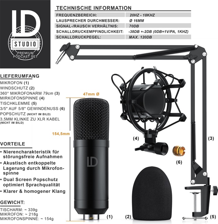 Produktbild Liam & Daan XLR Kondensatormikrofon mit Mikrofonarm, PC Mikrofon Set Studiomikrofon Kondensator Microphone