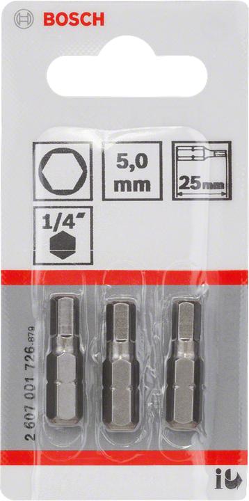Produktbild Bosch Professional Zubehör Schrauberbit Extra-Hart HEX 5, 25 mm, 3er-Pack (Innensechskant, Innensechsrund TX, Kreuz sonstige, Schraubschlitz)