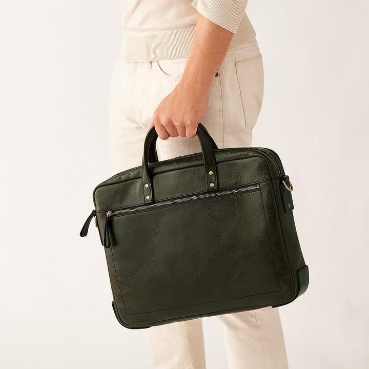 Actual product image Fossil Double Zipper Eco-Leather Work Bag with Adjustable Crossbody Strap