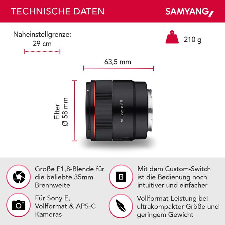 Image du produit Samyang AF 35mm f/1.8 FE (Sony E, Plein format, APS-C / DX)
