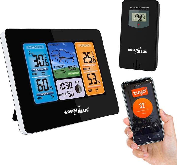 Productafbeelding Greenblue Weerstation Weersvoorspelling WiFi App TUYA Display 7 Talen Maanfase Display IPX4 GroenBlauw