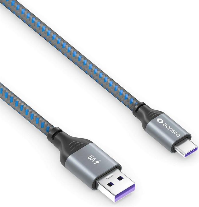 Immagine prodotto Sonero Cavo di ricarica da USB-C a USB-A - USB 2.0 Super-Fast Charge 5V/5A - grigio/blu - 1,00m (1 m, USB 2.0, 100 W)