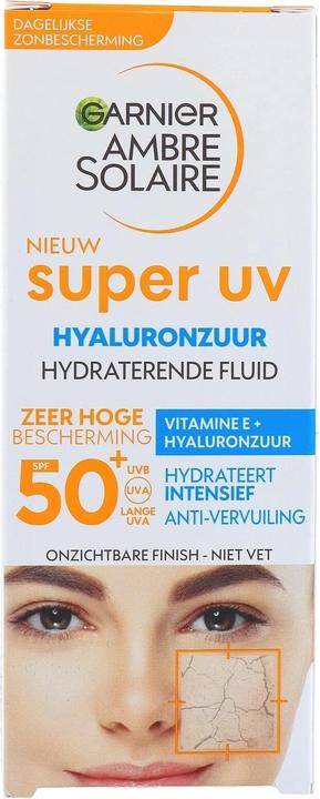 Actual product image Garnier Ambre Solaire Super Uv Hyaluronic Acid Spf50+ Hydrating Fluid (SPF 50+, 50 ml)