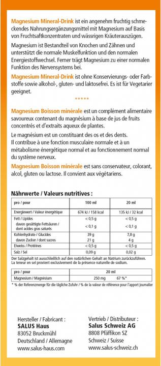 Nährwerte und Zutaten Salus Magnesium Liquid Mineral (1 Stk., Flüssigkeit, 628 g)
