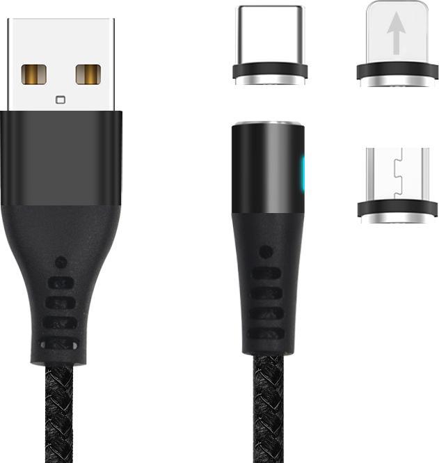Produktbild Maxlife MXUC-02 magnetisches Kabel USB - Lightning + USB-C + microUSB 1,0 m 2A schwarzes Nylon (1 m, 10 W)