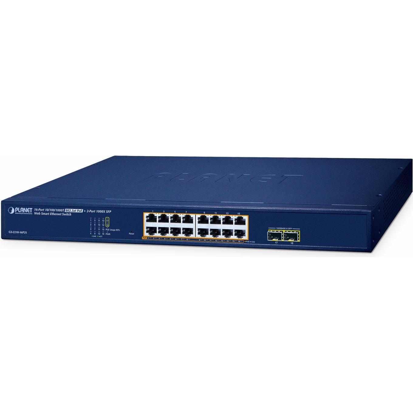 Planet Switch Websmart 19" 16 ports Giga PoE +2 xSFP 240W (16 Ports), Netzwerk Switch