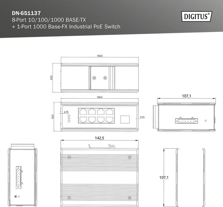 Produktbild Digitus 8-Port 10/100/1000BASE-TX+1-Port 1000Base-FX Industrial PoE Switch (8 Ports)