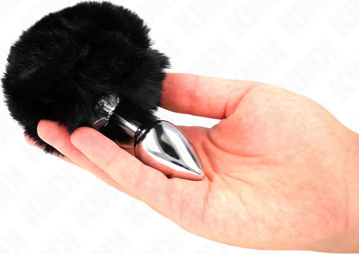 Actual product image Kink Stainless Steel Plug 7 x 3 cm With Black Rabbit Tale Made Of Plastic Fur 8 cm