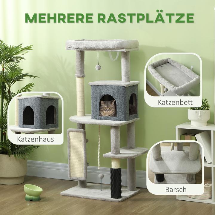 Produktbild PawHut Kratzbaum Spanplatte, Polyester Hellgrau (132 cm, Hellgrau+Cremeweiss)