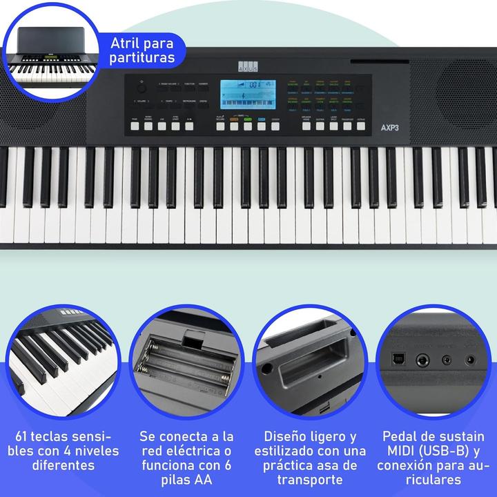 Actual product image Axus 61-Key Portable Touch-Sensitive Lightweight Keyboard with Power Supply, 450 Voices, and Music Stand (61 Keys)