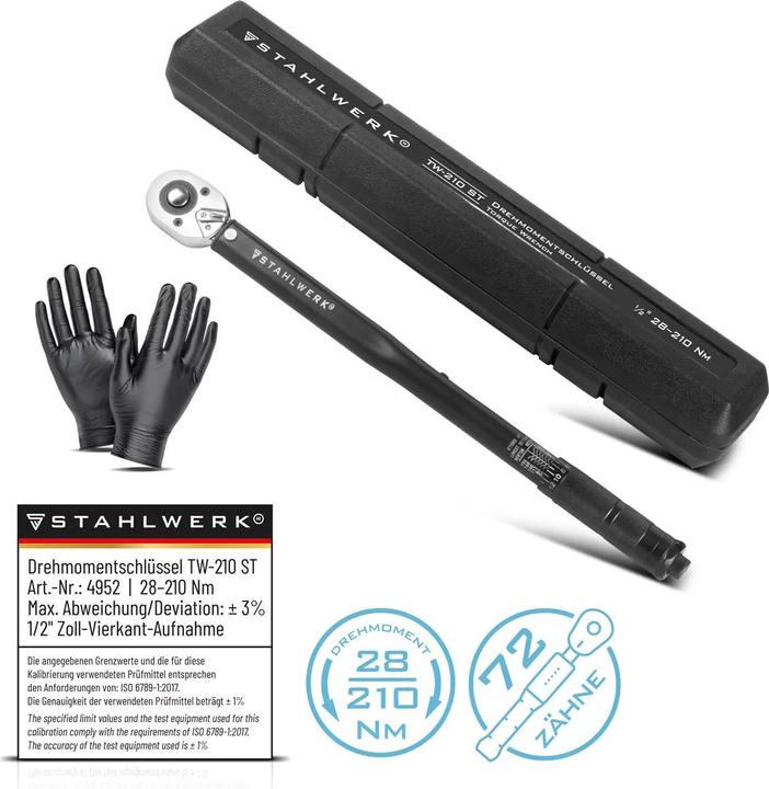Produktbild Stahlwerk Drehmomentschlüssel TW-210 ST 28-210 Nm 1/2“ Zoll mit Mikrometerskala (1/2", 28 - 210 Nm)