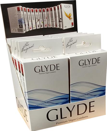Glyde Ultra Blueberry vegan condoms, blueberry flavour, 53mm, 10x10 (100 pcs.)