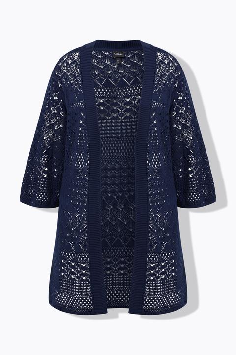 Produktbild Ulla Popken Long-Strickjacke, Ajourstrick, offene Form, 3/4-Arm (42)