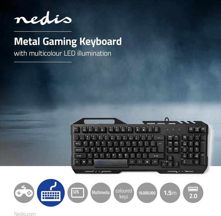 Produktbild Nedis Wired Gaming Keyboard Gaming-Tastatur RGB-Beleuchtung USB 2.0 US International Metalldesign US (Eng. Int., Kabelgebunden)