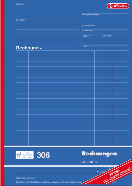Image du produit Herlitz Livret de formulaires "Facture 777,20cm (306"), DIN A4, 2 x 40 feuilles (80 x)