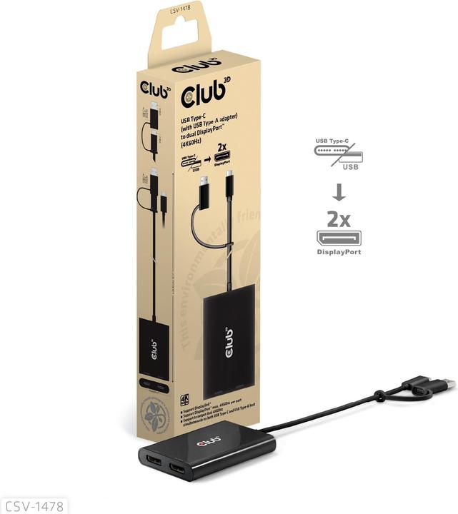 Produktbild Club 3D Club3D Adapter USB-C > 2x DP 4K@60Hz mit USB-A Adapter St/Bu retail (USB-A, 27.50 cm)