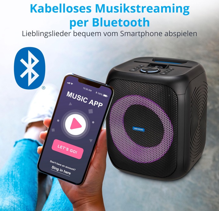 Produktbild Medion LIFE® S61991 Partylautsprecher, tragbares Bluetooth®-Soundsystem. Bluetooth® 5.0 für kabellose Musik (3 h, Akkubetrieb, Netzbetrieb)