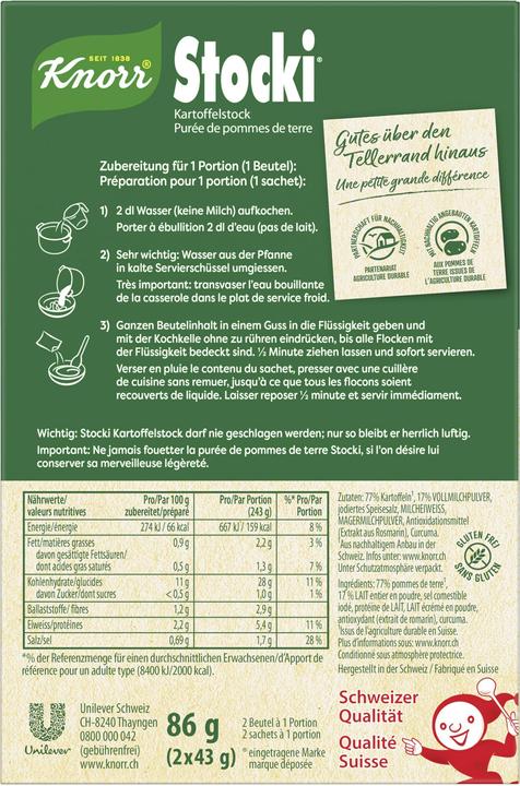 Nutritional values and ingredients Knorr Stocki mashed potatoes with milk and Swiss potatoes (86 g)