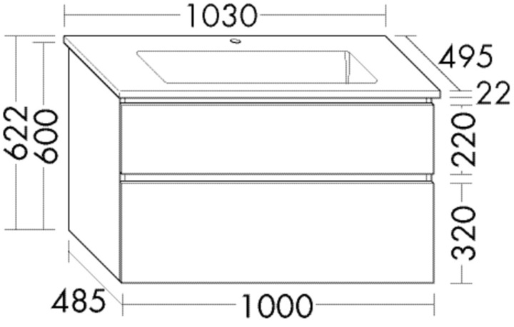 Actual product image burgbad Lin20 deep ceramic washbasin white glossy including vanity unit 2 pull-outs, 1030x495x622, S