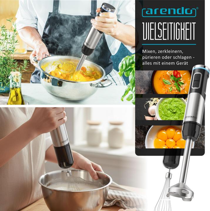 Produktbild Arendo Stabmixer Edelstahl, stufenlose Regelung, Akku, 200 W, mit Schneebesen, Messbecher, 4-Klingen-Messer