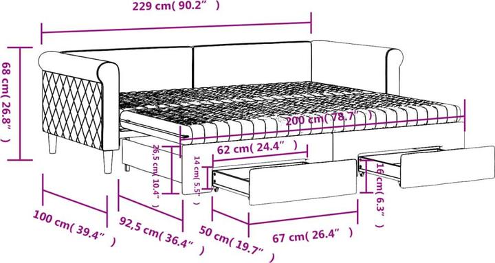Actual product image vidaXL Tagesbett Ausziehbar Schubladen Schlafsofa Bett Dunkelgrau 100x200cm Samt
