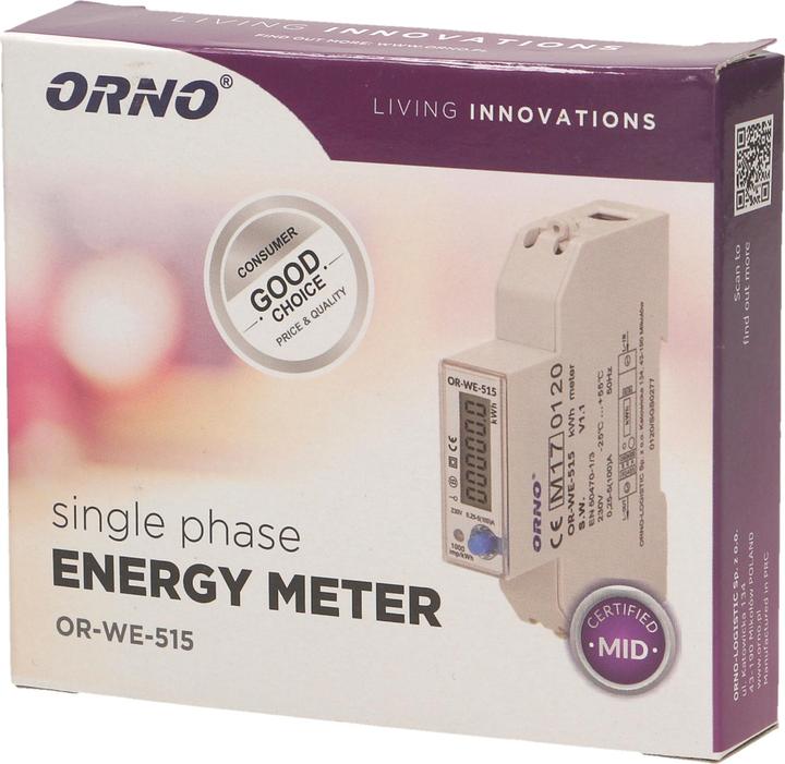 Actual product image Orno 1-phase electricity meter 100A, multi-tariff, RS-485 connection, MID, 1 module, DIN TH-35mm