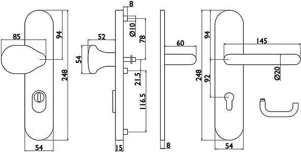 Actual product image Universal Textiles Stainless steel security fitting 92mm, ES1, ZA, DG U-shape (Door set)