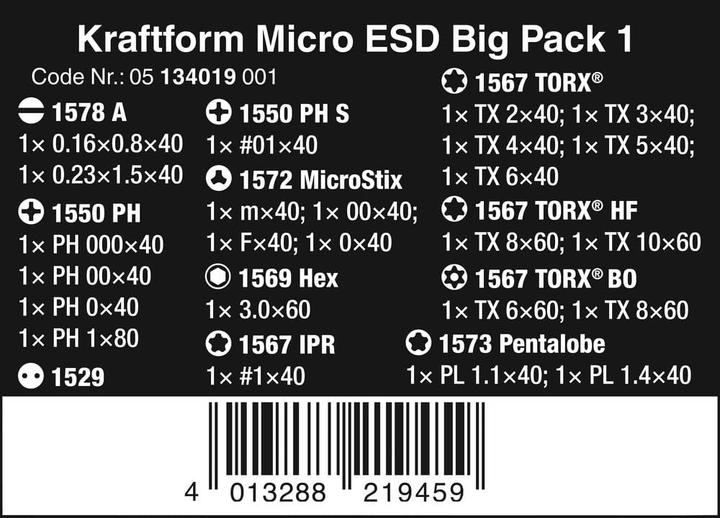 Nährwerte und Zutaten Wera Kraftform Micro ESD Big Pack 1 (5-Lobe (Pentalobe), Innensechskant, Phillipps-Kreuzschlitz (PH), Schlitz, TX, TX Plus)