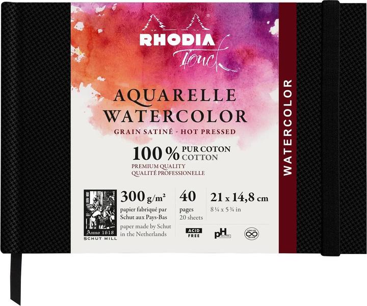 Rhodia Touch Watercolor Book, papier 100% coton grain satiné 300g - A5 paysage, 40 pages - Noir (310 g/m², 200 x)