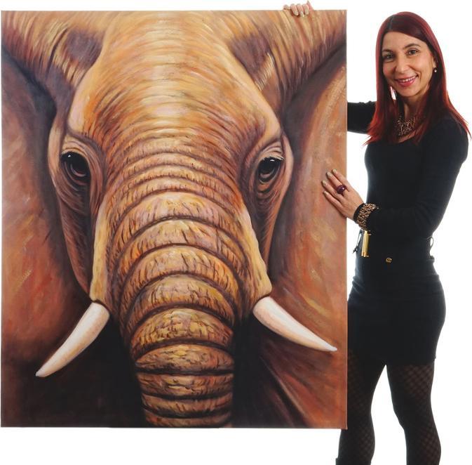 Image du produit Swisshandel24 Peinture à l'huile Gros plan sur un éléphant, peinture murale 100% peinte à la main XL, 120x100cm (120 x 100 cm)