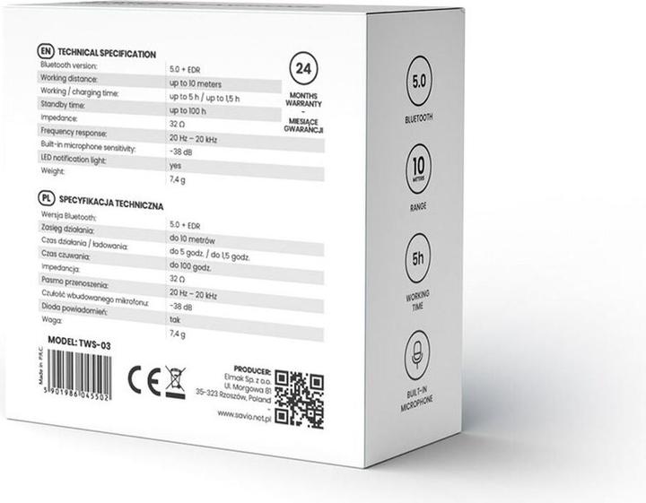 Produktbild Savio TWS-03 Kabellose Bluetooth-Kopfhörer Schwarz (Keine Geräuschunterdrückung, 5 h, Kabellos)