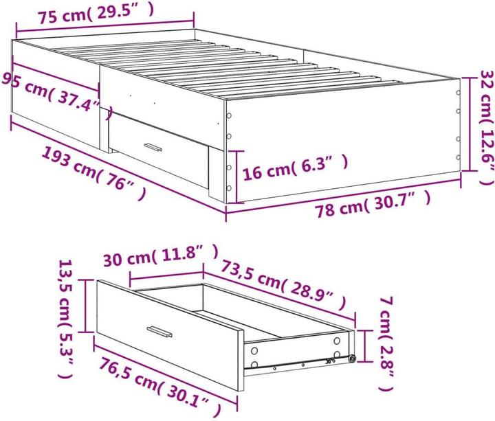 Image du produit VidaXL Cadre de lit avec tiroirs (75 x 190 cm)