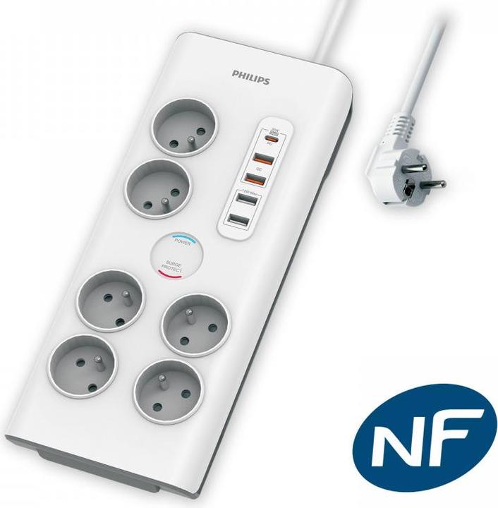 MCL PHILIPS Rallonge multiprise parasurtenseur 6 prises chargeur Type-C et 4 USB-A 2m Blanc (6 x, 2 m)