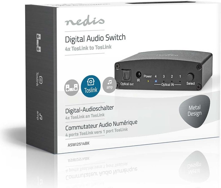 Immagine prodotto Nedis Commutatore audio digitale | 4 vie | Connettori - Ingresso: Alimentazione DC / 4x TosLink | (0.05 m)