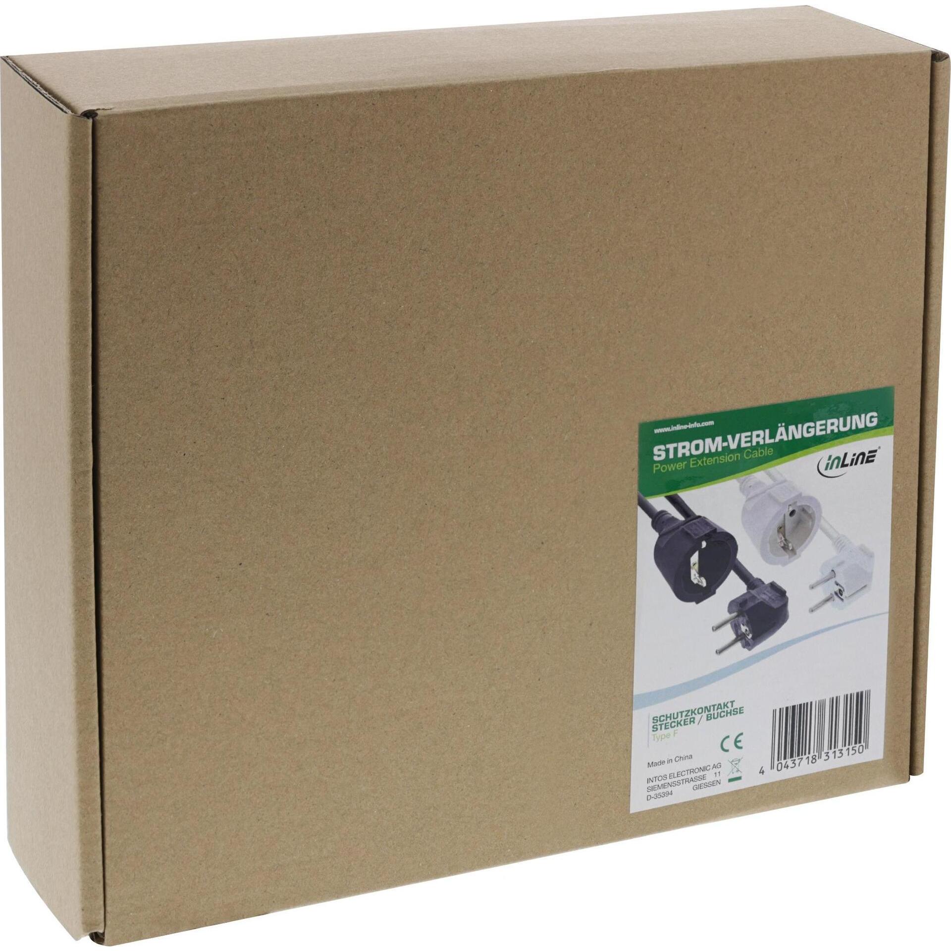 Thumbnail - InLine, Verlängerungskabel, Strom-Verlängerung Schutzkontakt Stecker gewinkelt / Buchse, weiss, 20m (20 m, CEE 7/3)