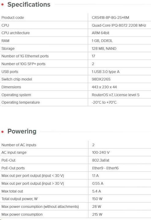 Immagine prodotto MikroTik Routers Cloud Router Switch 418-8P-8G-2S+RM with RouterOS L5, racmount case |