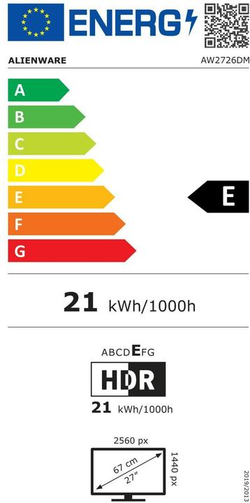 Label énergétique Dell MO27G.AW2726DM.BVWB Ecran de gaming 240 Hz Alienware 27 QD-OLED - AW2726DM (2560 x 1440 pixels, 26.50")