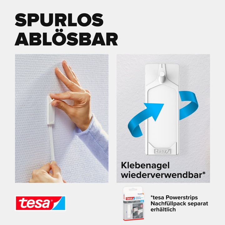 Produktbild tesa Klebenagel für Tapete & Putz, 1kg Halteleistung, spurlos ablösbar & wiederverwendbar, 2 Nägel