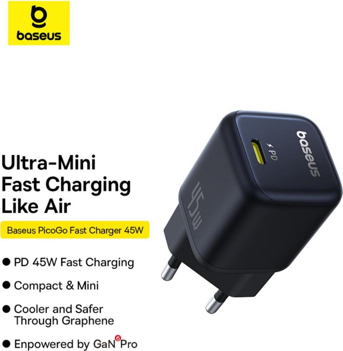 Productafbeelding Baseus - Wall Charger PicoGo (P10176800123-00) - GaN, Fast Charging, 45W, USB-C - Cosmic Black (45 W)